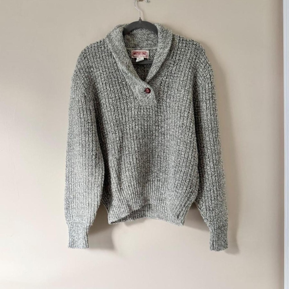 Vintage American Eagle Wool Sweater Large Grey Fisherman Cable Knit Grandpa 90s
